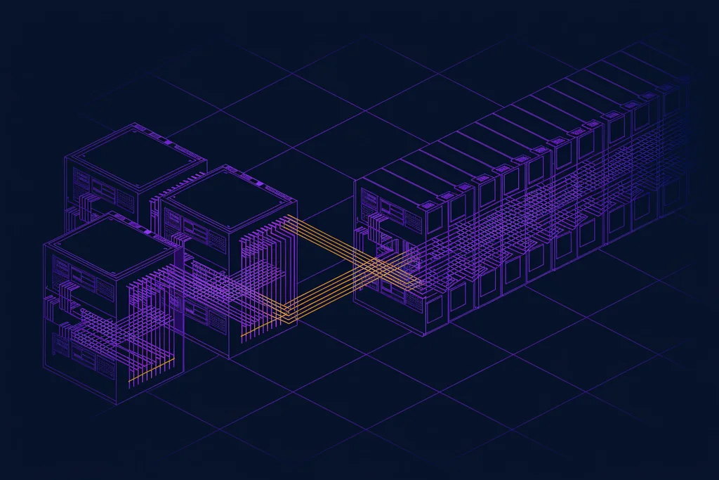 Ilustración isométrica de racks de servidores y cableado de red