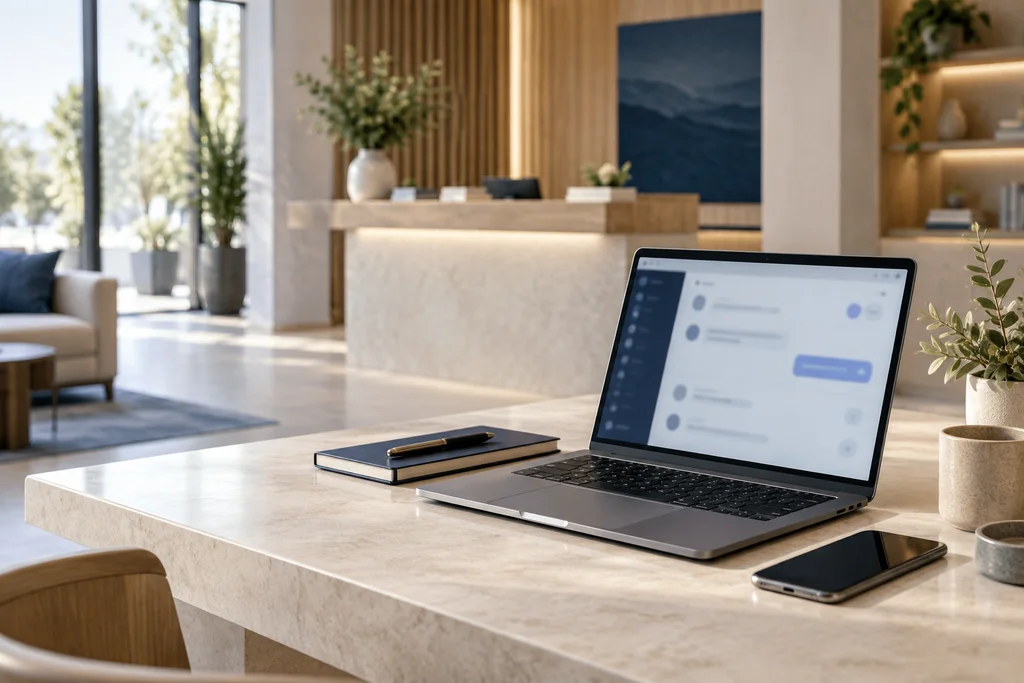 Laptop y teléfono en un espacio de atención al cliente ilustrativo